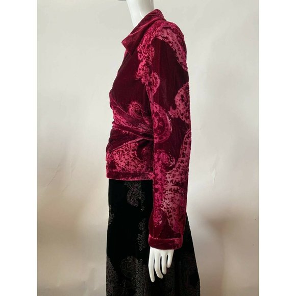 Ice Womens Velvet Wrap Jacket Red Paisley Long Sleeve Tie Collared M - Picture 6 of 12